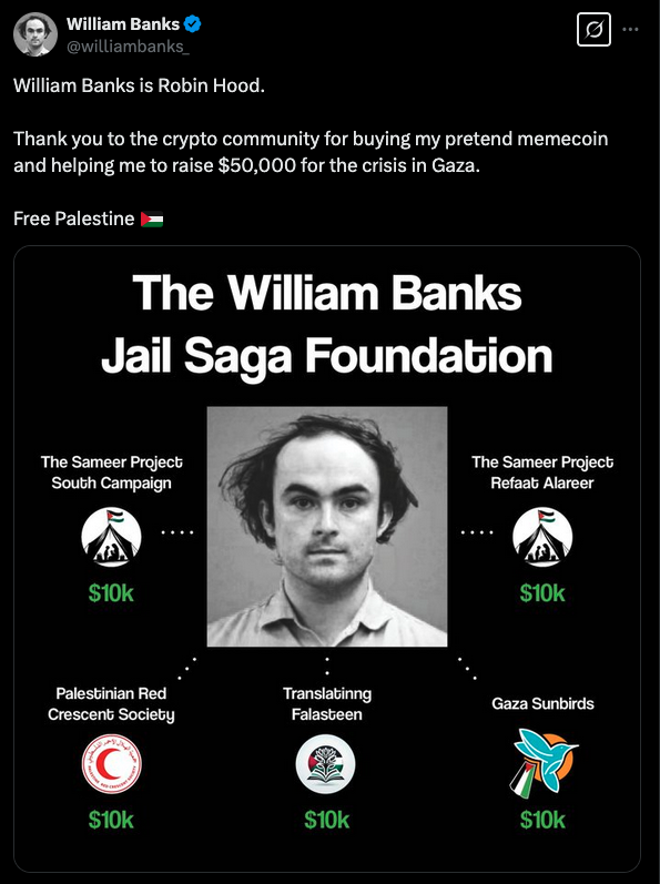Screenshot of William Banks’ X (Twitter) post claiming he raised $50,000 for Palestine through a pretend meme coin.